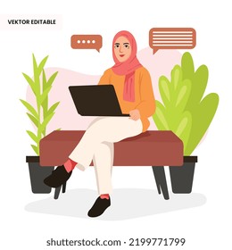 Hijab girls working with her laptop outdoor flat editable illustration for presentation or content graphic