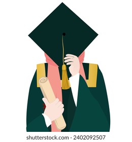 Hijab graduation vector illustration. Muslim girl graduate illustration covering her face with a graduation cap and holding her diploma in other hand