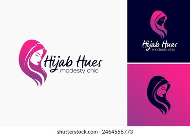 Hijab Hues Modesty Chic logo design template. Soft gradient hues reflect the diversity and beauty of hijab styles, while a minimalist silhouette of a woman in hijab adds elegance.