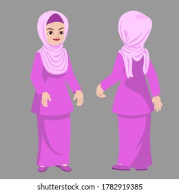 Hijab Malay Women Standing Poses Front And Back View Vector Cartoon Style 