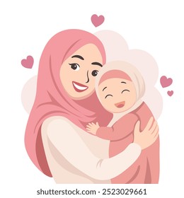 Madre con hijab cargando a su hija - Ilustración vectorial de los lazos afectivos entre madre e hijo.  Icono editable para Blogs de crianza, materiales educativos y proyectos orientados a la familia | Perfecto para los musulmanes.