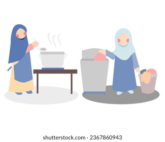 Hijab Mother Cooking and Doing Laundry Illustration
