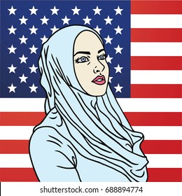 Hijab Muslim American Woman. American Flag Background. Pop Art Comics Style Vector Illustration