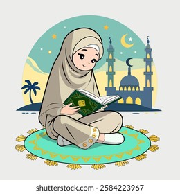 hijab muslim cute girl sitting read pray Al-Qur'an islam ramadan eid fitr smile with mosque background