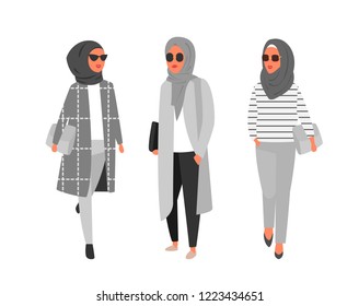 Hijab Muslim Woman. Modern People In Islamic Clothes Style. Arab Fashion. People Characters Vector Illustration