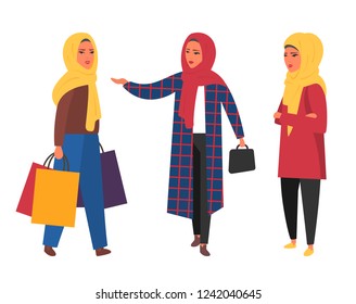 Hijab Muslim Woman. Modern People In Islamic Style Clothes. Arabic Modest Fashion. People Characters Vector Illustration