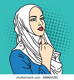 Hijab Muslim Woman Pop Art Comics Style Vector Illustration