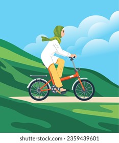 Hijab muslim woman ride by bicycle in park outdoor nature hills meadow countryside. Summer scenery landscape