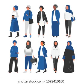 Hijab Muslim Woman Set. Modern People In Islamic Clothes Style. Arab Saudi Modest Fashion. People Covered Characters Flat Design Illustration. - Vector