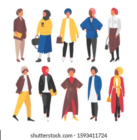 Hijab muslim woman set. Modern people in islamic clothes style. Arab saudi modest fashion. People covered characters flat design illustration. - Vector