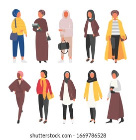 Hijab muslim woman set. Modern people in islamic clothes style. Arab saudi modest fashion. People covered characters flat design illustration. - Vector