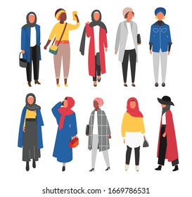 Hijab Muslim Woman Set. Modern People In Islamic Clothes Style. Arab Saudi Modest Fashion. People Covered Characters Flat Design Illustration. - Vector