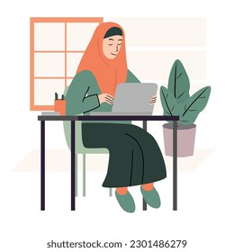 hijab muslim woman working on laptop hand drawn flat design illustration 