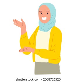 Hijab muslim women smile show point presentation explain information idea