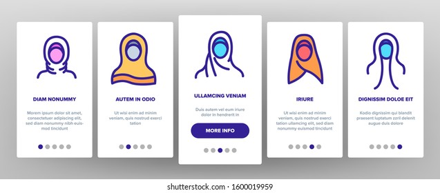 Hijab Onboarding Mobile App Page Screen Vector. Women Silhouette In Arabian Traditional Hijab Concept Linear Pictograms. Islamic Lifestyle Illustrations