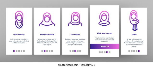 Hijab Onboarding Mobile App Page Screen Vector. Women Silhouette In Arabian Traditional Hijab Concept Linear Pictograms. Islamic Lifestyle Illustrations