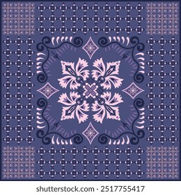 Patrón abstracto de la flor de la bufanda del hijab. Ornamento geométrico étnico con el patrón del hijab de la frontera del motivo del marco. Diseño para la tela, impresión, bufandas, mantón, pañuelo, pañuelo, ropa, pareo, almohadas, mantel, decoración.