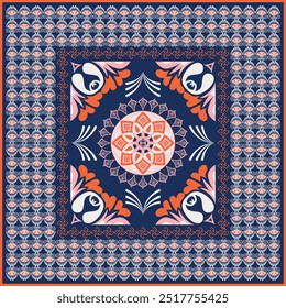Padrão abstrato flor do lenço do hijab.Ornamento geométrico étnico com borda do motivo do quadro hijab pattern.Design para tecido,print,scarves,shawl,kerchief,bandana,wear,pareo,travesseiros,toalha de mesa,decoração.