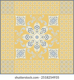 Patrón abstracto de la flor de la bufanda del hijab. Ornamento geométrico étnico con el patrón del hijab de la frontera del motivo del marco. Diseño para la tela, impresión, bufandas, mantón, pañuelo, pañuelo, ropa, pareo, almohadas, mantel, decoración.