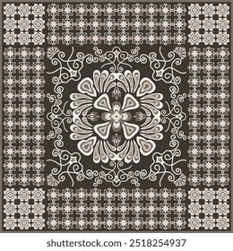 Patrón abstracto de la flor de la bufanda del hijab. Ornamento geométrico étnico con el patrón del hijab de la frontera del motivo del marco. Diseño para la tela, impresión, bufandas, mantón, pañuelo, pañuelo, ropa, pareo, almohadas, mantel, decoración.