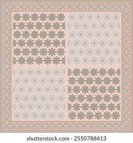 Hijab Schal Blume abstraktes Muster.Ethnische geometrische Ornament mit Rahmen Motiv Rand Hijab Muster.Design für Stoff, Druck, Schals, Tuch, Kerchuch, Bandana, Kleidung, Pareo, Kissen, Tischdecke, Dekoration.