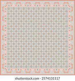 Hijab scarf flower abstract pattern.Ethnic geometric ornament with frame motif border hijab pattern.Design for fabric,print,scarves,shawl,kerchief,bandana,clothing,pareo,pillows,tablecloth,decoration.