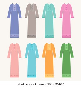 Hijab set. Abaya collection. Arabic cloth.  Muslim long dress vector illustration.