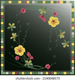 Hijab, shawl, scarf drawing square flower pattern small wild flowers with stems and twigs on a dark green gradient background vector illustration.