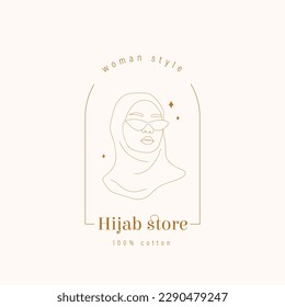 Hijab store logo. Abstract arabian woman in sunglasses. Hand drawn outline female silhouette in muslim headdress. Vector illustration in one line style.