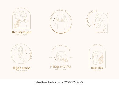 Hijab store logo collection. Set of logotypes for headdress boutique or muslim shop. Abstract arabian woman with closed eyes. Vector illustration in one line style.