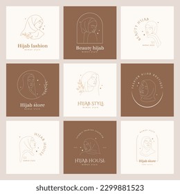 Logo-Kollektion von Hijab speichern. Set von Logotypen für Heim-Boutique oder Muslim-Shop. Abstrakte arabische Frau mit geschlossenen Augen. Vektorgrafik im Stil einer Linie.
