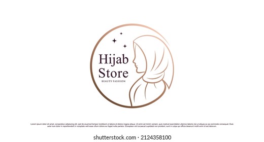 Hijab store logo design template with line art style and circle concept Premium Vector