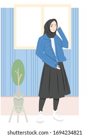 hijab style women with a background of walls and plants. hijab beautiful women. flat vector. blue background.