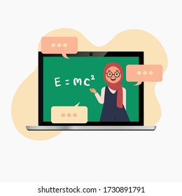 Hijab teacher teaching class online because of corona virus. Laptop mockup. Virtual class. Flat style vector.