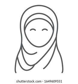 Hijab-Dünnzeilensymbol, Ramadan und Islam, Frauenzeichen, Vektorillustration-Grafik, ein lineares Muster auf weißem Hintergrund, eps10