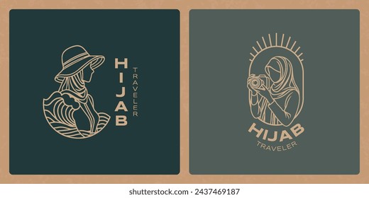 Hijab traveler with simple hand-drawn wave line art logo. Usable for vlog traveling logo design