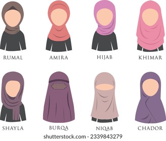 Hijab Types, Types of Hijab in pink colours, vector illustration, muslim woman, woman in hijab, muslim scarf, Islamic woman