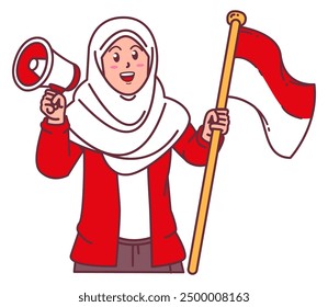 A hijab woman carrying the Indonesian flag and megaphone
