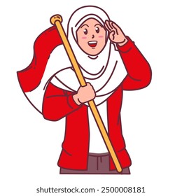 A hijab woman carrying the Indonesian flag