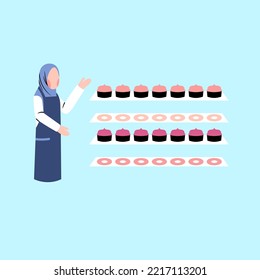 Hijab Woman Character Selling Dessert