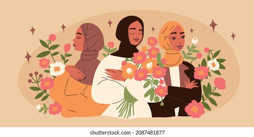 Hijab woman composition with beauty and flowers symbols flat vector illustration