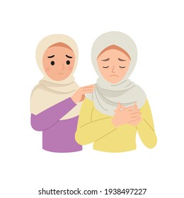 Hijab woman consoling her upset friend. Flat vector cartoon design