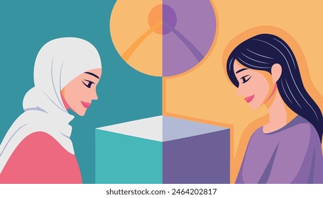 Hijab woman consoling her upset friend. Flat vector cartoon design