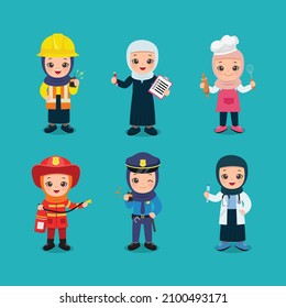 Hijab woman in different professional job. Flat vector cartoon design