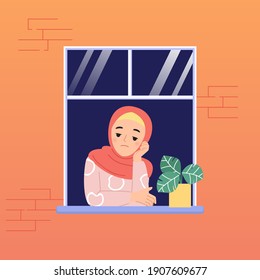 Hijab woman feel bored staying at home because of corona virus pandemic. Window on brick wall. Flat vector cartoon design.