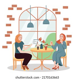 Hijab woman flat composition with indoor cafe scenery and two muslim women having meal at table vector illustration