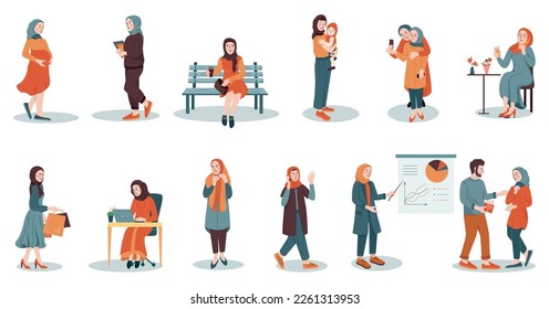 Hijab woman flat set of isolated icons with muslim female characters working nursing baby hanging out vector illustration