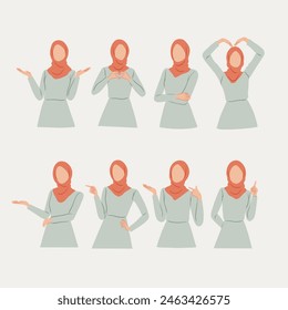 Hijab Woman Gestures Clipart. Minimalist design with faceless figures. Perfect for illustrating diverse expressions and body language in educational and marketing materials.