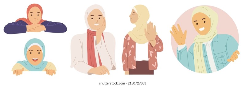 Hijab Woman Girl Happy Peek Pose No Curious Hi Hello Greeting Smile Activity Clipart Vector Illustration