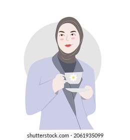 A hijab woman is holding a cup of tea or coffee. The pleasure of a hot drink. Vector illustration. Young smiling girl drinking chamomile tea.